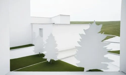 Realistic image replaces the brown color replaces it with grass, maintain contour lines, White concrete buildings, real trees,an architectural view of a building with trees in the foreground,hejduk,vi