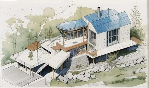 done in SP+A style architecture,an architectural rendering shows the design of a home,passivhaus,cohousing,house drawing,sketchup,inverted cottage,houses clipart,Unique,Design,Blueprint