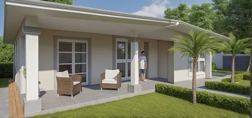 a 3d rendering of a house with patio furniture and two men standing outside,3d rendering,sketchup,prefabricated buildings,garden design sydney,residencial,bungalows,carports,landscape design sydney,la