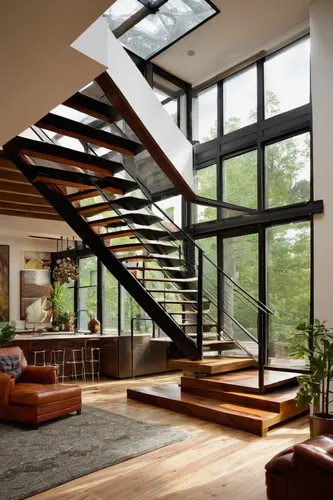 steel stairs,outside staircase,wooden stairs,loft,wooden stair railing,interior modern design,winding staircase,glass roof,staircase,frame house,daylighting,wooden beams,structural glass,spiral stairs,contemporary decor,stairs,cubic house,modern architecture,modern house,timber house,Illustration,American Style,American Style 02