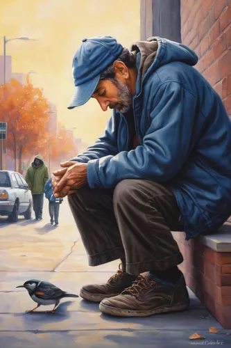 street artist,street artists,street pigeon,oil painting on canvas,street pigeons,homeless man,oil painting,man praying,italian painter,seller,city pigeon,oil on canvas,samaritan,street musician,art painting,homeless,peddler,painting technique,bird painting,artist,Illustration,Abstract Fantasy,Abstract Fantasy 03