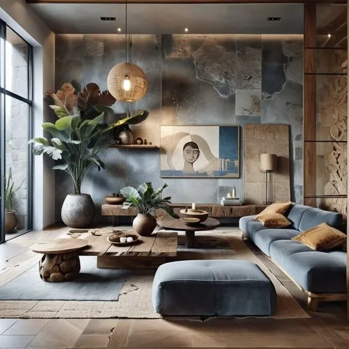 The dimensions and placement of the furniture in the room will remain constant. Large relief sculptures on the wall add a strong ethnic atmosphere to the space. These figures in dark wood or stone app