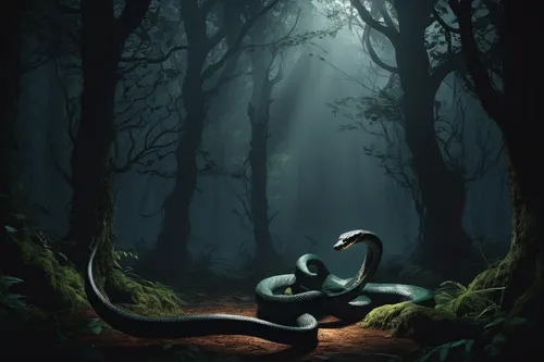 Imagine a dark and eerie forest where a natrix natrix snake lurks in the shadows, ready to strike.,serpent,snake charming,pointed snake,tree snake,green snake,anaconda,blue snake,eastern indigo snake,