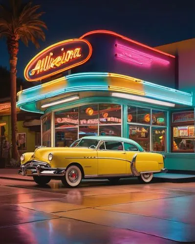 retro diner,tailfins,drive in restaurant,retro automobile,oldsmobile,retro car,fifties,mallomars,american classic cars,wilkinsons,diner,vintage cars,oldsmobiles,1959 buick,buick classic cars,cadillac eldorado,packard one-twenty,vintage car,neon sign,retro vehicle,Art,Classical Oil Painting,Classical Oil Painting 20