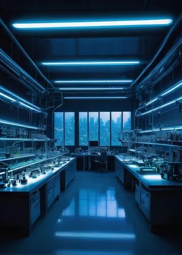 Futuristic synthesis laboratory, futuristic architecture, metallic structure, neon lights, sleek lines, minimalist interior, holographic displays, robotic arms, workbench, various scientific instrumen