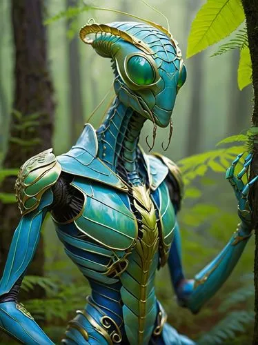 Humanoid praying mantis, green metallic exoskeleton, intricate armor-like details, glowing blue eyes, long slender limbs, delicate fingers, soft pale skin, flowing white robes with golden trim, hood u