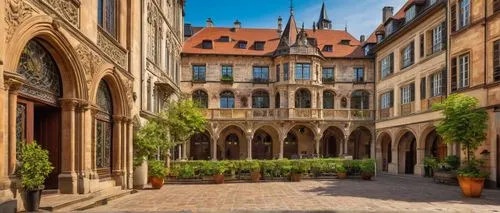 Neoclassical German architecture, grandiose facade, ornate stone carvings, tall spires, stained glass windows, heavy wooden doors, intricate ironwork, balconies with ornate metal railings, flower-fill