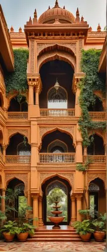 Lucknow-inspired home, Indian architecture style, intricate carvings, ornate decorations, grand entrance, marble flooring, high ceilings, large windows, intricately designed doors, balconies with intr