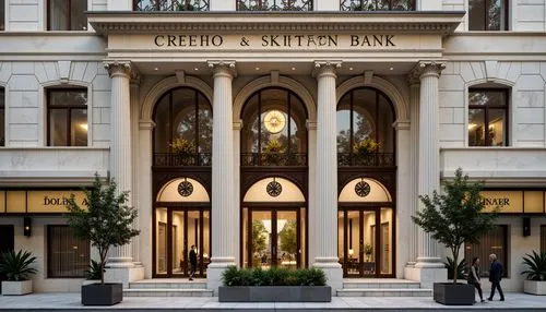 Grandiose bank facade, neoclassical columns, ornate details, rich marble textures, polished bronze accents, creamy white stone walls, subtle gold leaf patterns, stately clock towers, imposing arched w