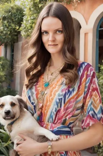 beauty in a delicate dress with a dog in her arms on a walk in a flowery park,girl with dog,indian dog,long hair chihuahua,southwestern,bindi,native american indian dog,boho,southern dogface,wag,shih 