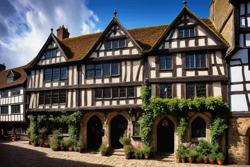 Hastings architecture, medieval town hall, half-timbered building, steeply pitched roof, ornate chimneys, narrow windows, Tudor-style doorway, stone walls, ivy climbing up the facade, flower boxes und