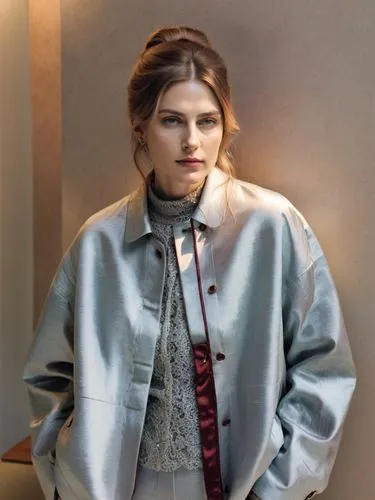 Hannelore von Würtingen,a woman wearing a silver jacket and red tie stands against a wall,stana,chambray,jean jacket,denim jacket,maxmara,jacket,Photography,Documentary Photography,Documentary Photogr