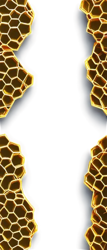 Hexagonal cells, golden honeycomb pattern, detailed texture, shiny surface, 3D rendering, bright lighting, close-up shot, shallow depth of field, warm color tone, intricate design, geometric structure