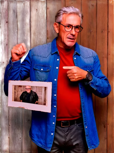 Older man, nostalgic expression, messy gray hair, glasses with thick frames, wrinkled face, worn-out denim shirt, brown leather jacket, holding old photograph, standing in front of a worn wooden wall,