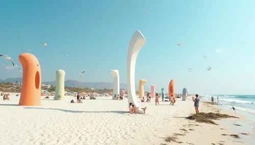 Beach monuments, interactive spaces, sunny day, clear blue sky, gentle sea breeze, white sand, monumental sculptures, abstract shapes, pastel colors, tourists taking photos, children playing, seagulls