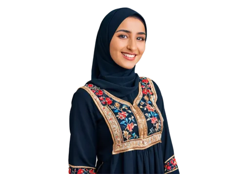 Palestinian woman, hijab, traditional thobe, embroidered dress, golden jewelry, warm smile, gentle eyes, standing, natural pose, Middle Eastern features, olive skin tone, soft focus, shallow depth of 