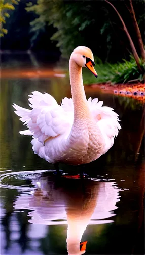 White swan, elegant pose, solo, (adult), long neck, orange beak, soft feathers, ruffled plumage, subtle shine, morning dew, calm atmosphere, shallow water reflection, 3/4 composition, soft focus, cine