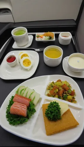 Japan Airlines Business Class Appetizer Course,flying food,korean royal court cuisine,breakfast on board of the iron,banchan,food presentation,dinner tray,vegetarian food,air new zealand,catering serv