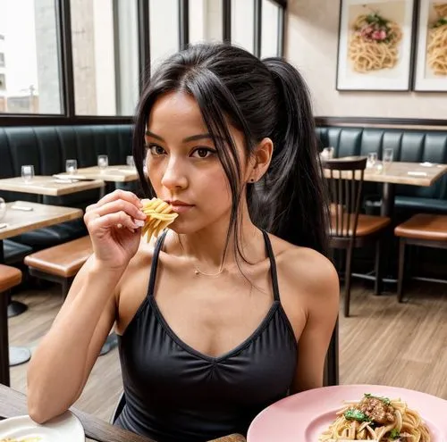 She is sitting in a restaurant.  She wears a short pink dress.  Her black hair is pulled into a ponytail.  There is pasta on the plate in front of her.  Amateur photography.,foodgoddess,vietnamese,hyo