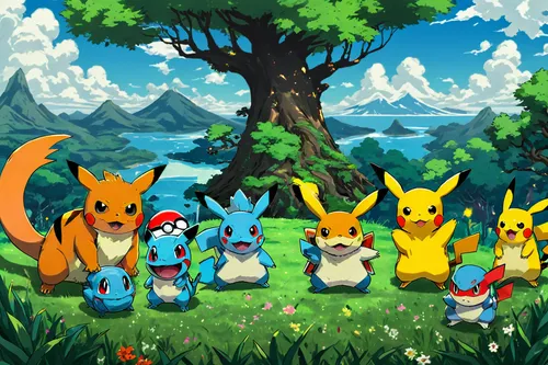 starters,pokemon,cartoon forest,pokemon go,pokémon,children's background,grass family,game illustration,group photo,family picnic,cartoon video game background,family reunion,forest animals,woodland animals,pokemongo,kids illustration,gathering,generations,adventure game,picnic,Illustration,Realistic Fantasy,Realistic Fantasy 12