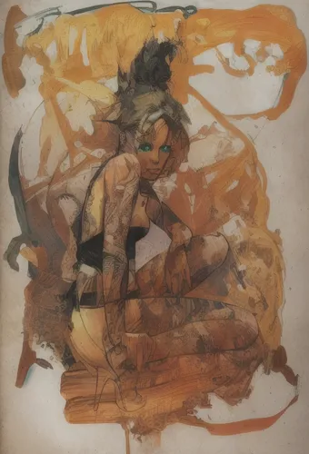 comic book cover, woman crouching,woman sitting,girl with a wheel,girl with cloth,oil stain,oilpaper,pastel paper,girl sitting,figure drawing,torn paper,finch in liquid amber,oil chalk,faun,woman hold