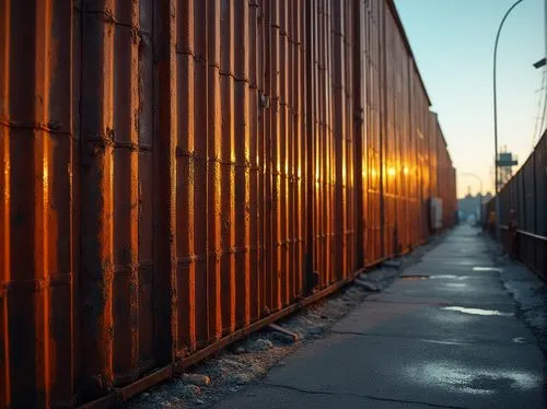 Postmodern architecture, corrugated metal wall, industrial aesthetic, urban cityscape, evening time, warm golden lighting, dramatic shadows, rusty texture, metallic sheen, intricate details, abstract 