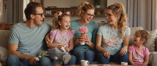 Happy ai family of five, father with glasses, mother with curly brown hair, daughter with ponytail, son with messy blond hair, baby with pacifier, casual wear, t-shirts, jeans, sneakers, living room, 