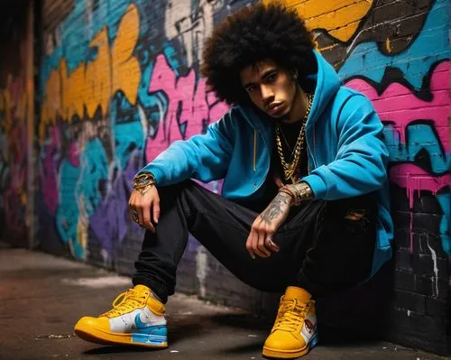 Dead ass, streetwear, trendy, afro, gold chain, bold tattoo, ripped denim jeans, oversized hoodie, sneakers, relaxed posture, leaning against a graffiti-covered wall, urban cityscape, nighttime, neon 