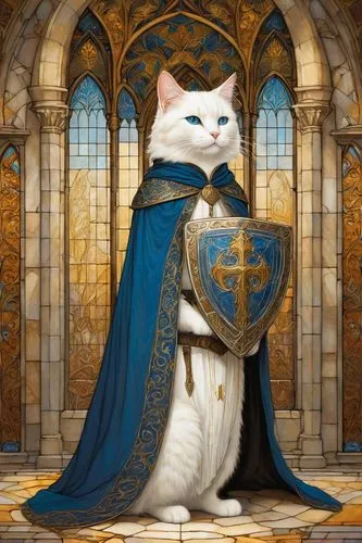 Holy cat paladin, white fur, shining armor, blue eyes, majestic posture, standing, sacred sword, ornate shield, flowing cape, golden embroidery, intricate details, divine aura, gentle expression, soft