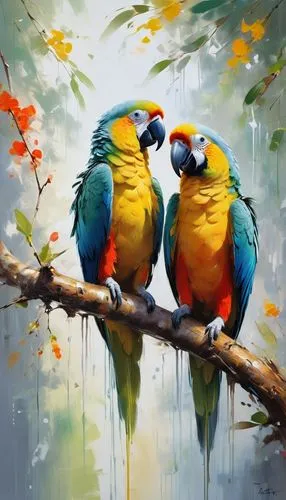 a colorful painting of two parrots sitting on a branch, in the style of marcin sobas, 32k uhd, animals and people, oil painter, intense light and shadow, ferrania p30,two blue and yellow birds perched