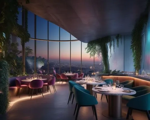 A luxury restaurant inspired by Zaha Hadid and Gray with exposed concrete elements and colored glass and with lots of light and a romantic atmosphere with a drinks bar,fine dining restaurant,hotel riv