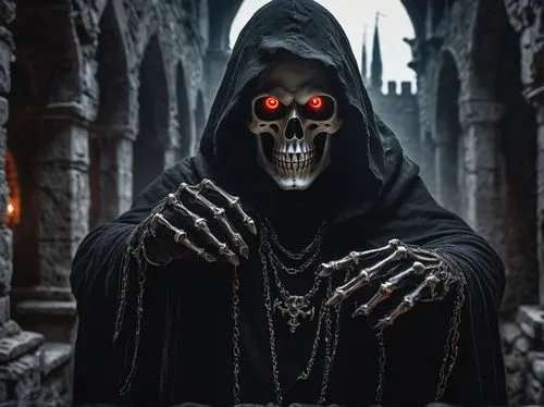 Skeleton villain, dark sorcerer, evil grin, glowing red eyes, black hooded cloak, tattered edges, bony fingers, ornate silver rings, sinister pose, dramatic lighting, spooky atmosphere, abandoned cast