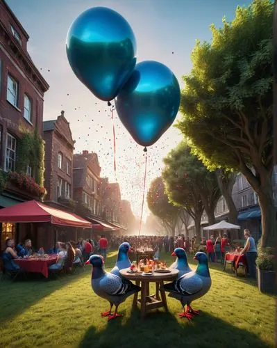 Two large, sparkling balloons, each with their own unique texture, roll down a busy street in a lush green lawn. The sun shines brightly overhead, casting a warm glow on the sparkling balloons. In the