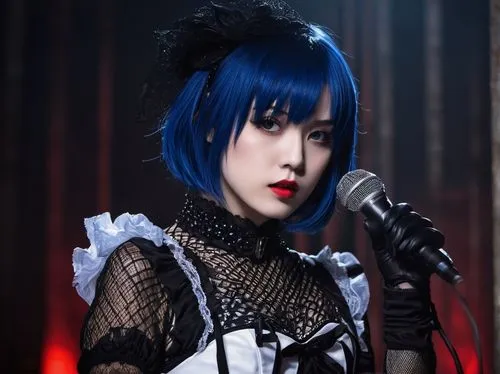 Kazara, visual kei, Japanese idol, 18yo, short blue hair, straight bangs, bright blue eyes, pale skin, cute nose, bold red lips, lace gloves, fishnet stockings, black leather boots, white corset, plea