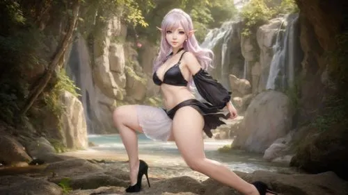 a girl in a black outfit with heels poses near some rocks,tiber riven,riven,serah,audino,alodia,ayane