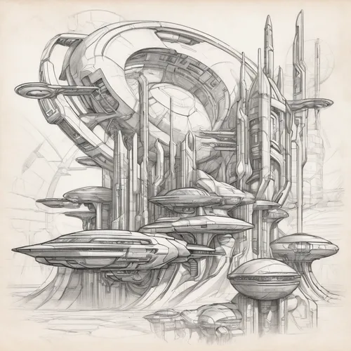 futuristic landscape,airships,futuristic architecture,armillary sphere,stargate,biomechanical,sci fiction illustration,dreadnought,metropolis,circular staircase,sea fantasy,airship,concept art,ancient city,structures,panopticon,myst,planet eart,apiarium,fantasy city,Illustration,Black and White,Black and White 30