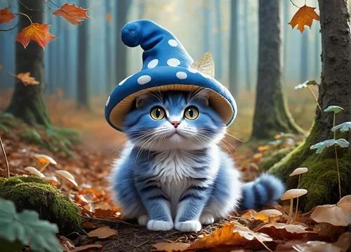 Whimsical blue cat, mushroom-shaped hat, white spots, cute facial expression, bright curious eyes, fluffy fur, sitting posture, forest floor, autumn leaves, misty atmosphere, warm soft lighting, 3/4 c