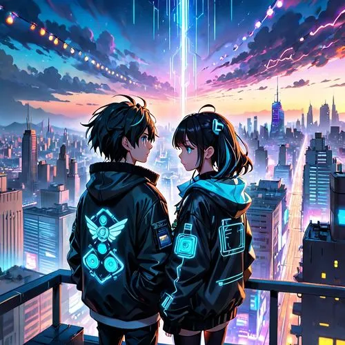 above the city,jacket,cyberpunk,city lights,boy and girl,would a background,neon arrows,dusk background,electronic,love background,reizei,cg artwork,diamond-heart,tokyo city,falling stars,cityscape,background image,sakana,beyond,citylights,Anime,Anime,Cartoon