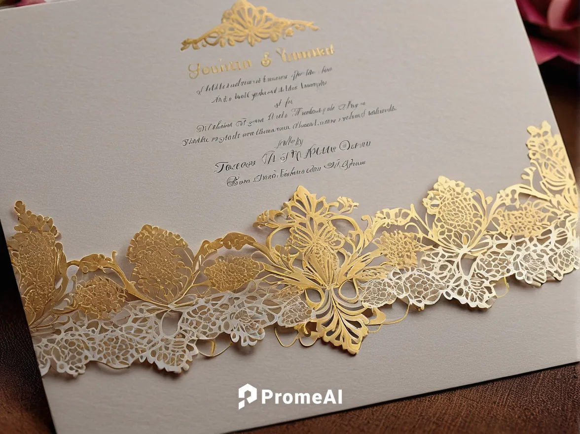 Design an elegant invitation card with a delicate gold foil lace border.,gold foil lace border,tassel gold foil labels,blossom gold foil,christmas gold foil,pink and gold foil paper,cream and gold foi