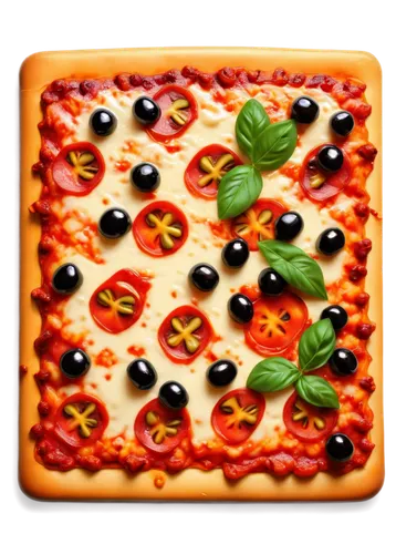 Pixel art pizza, colorful, square-shaped crust, melted mozzarella cheese, red tomato sauce, green basil leaves, pepperoni slices, olives, 3D-like pixels, detailed texture, bright lighting, central com