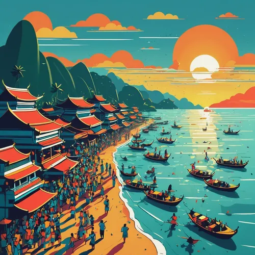 vietnam,travel poster,fishing village,danang,hong kong,da nang,hong,mekong,asia,southeast asia,kohphangan,seaside resort,busan,teal blue asia,harbour city,boat landscape,pacific,vietnam's,south korea,world digital painting,Illustration,Vector,Vector 06