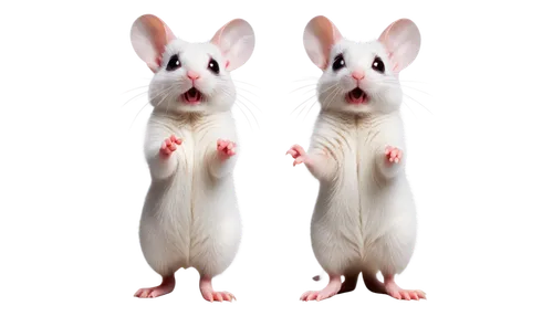 Cute mice, white fur, pink nose, big round eyes, whiskers, standing on hind legs, front paws together, grey ears, tiny mouth, soft focus, warm lighting, shallow depth of field, 3/4 composition, adorab