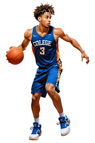 College basketball player, March Madness, energetic pose, sweaty face, messy hair, intense eyes, athletic build, muscular arms, jersey and shorts, sneakers, basketball in hand, dynamic movement, low-a