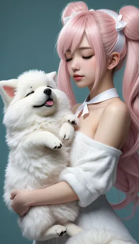 samoyed,girl with dog,kitsune,companion dog,rose quartz,pet,canine rose,japanese spitz,luka,the dog a hug,white dog,wolf couple,human and animal,fantasy portrait,dog angel,pets,dog and cat,puppy pet,soft pastel,petting,Conceptual Art,Fantasy,Fantasy 11