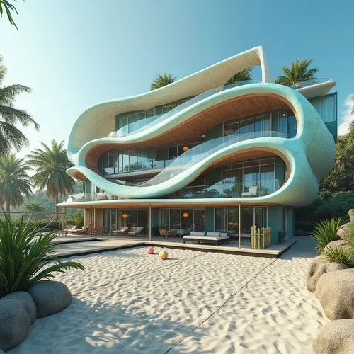 futuristic architecture,dunes house,3d rendering,beachfront,oceanfront,modern architecture,beach house,tropical house,beachhouse,dreamhouse,seaside resort,luxury property,renders,modern house,render,beach resort,sketchup,arhitecture,tilbian,cubic house,Photography,General,Realistic