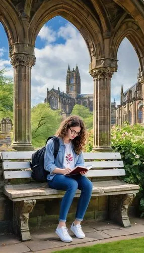 Modern Scottish architecture, University of Edinburgh campus, solo female student, 20yo, glasses, curly brown hair, casual clothing, jeans, white sneakers, backpack, taking notes, sitting on a stone b