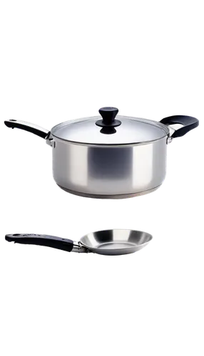 Stainless steel cookware, kitchen utensils, frying pan, saucepan, Dutch oven, lid on, shiny metallic surface, ergonomic handle, silver knob, cooking oil splash, sizzling sound effect, steam rising, mo