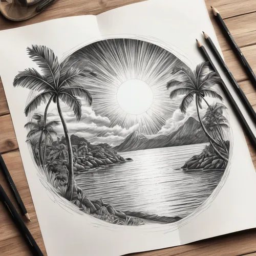 landscape background,palm tree vector,an island far away landscape,pencil art,hand-drawn illustration,world digital painting,pencil drawings,digital art,beach landscape,pencil drawing,sun and sea,tropical sea,cartoon palm,tropical island,coastal landscape,vintage drawing,sun reflection,sun of jamaica,sunburst background,digital artwork,Illustration,Black and White,Black and White 30