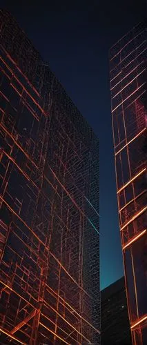 Modern architectural design, wire mesh exterior, geometric shapes, metallic material, industrial texture, urban cityscape, skyscraper building, futuristic vibe, neon lights reflecting off mesh, night 