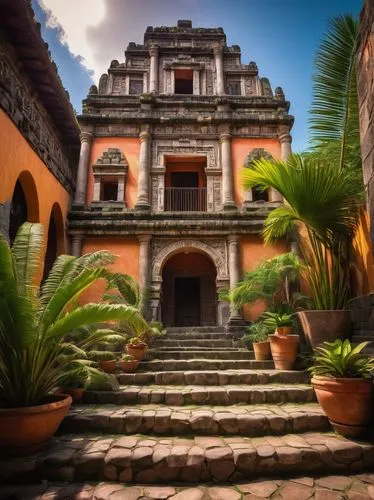 Ancient Mesoamerican-inspired architecture, Mexico City, vibrant colors, intricate stone carvings, ornate facades, grandiose pyramids, stepped roofs, Mayan ruins, lush greenery, tropical plants, palm 